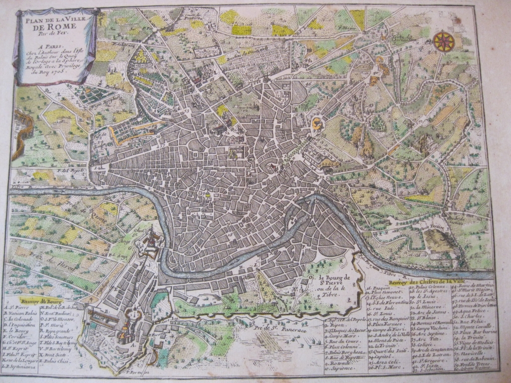 Mapa de la ciudad de Roma (Italia), 1705. Nicolás de Fer
